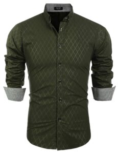 coofandy mens shirt slim fit dress business plaid button down collar, army green, medium, long sleeve