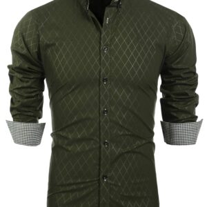 COOFANDY Mens Shirt Slim Fit Dress Business Plaid Button Down Collar, Army Green, Medium, Long Sleeve