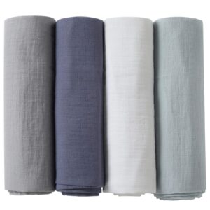 pomiso muslin swaddle blankets, baby swaddle blanket, large 47 x 47 inches muslin baby blanket wrap for baby boys and girls, 4 pack, solid color, grey blue white green