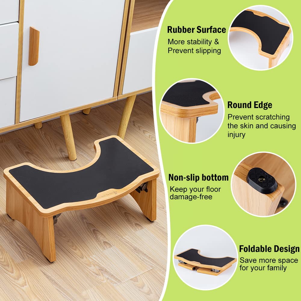 StrongTek Wooden Toilet Stool, Foldable Potty Stool, Squat Poop Step Stool, Extra Thick & Durable, 350 Lbs Capacity, Anti-Slip, Easy Storage, Ideal for Elderly, Kids & Pregnant Women