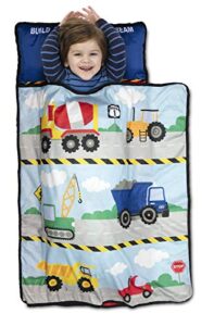 baby boom funhouse construction area trucks kids nap mat set – includes pillow and fleece blanket – great for boys napping during daycare or preschool - fits toddlers, blue