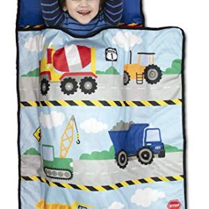 Baby Boom Funhouse Construction Area Trucks Kids Nap Mat Set – Includes Pillow and Fleece Blanket – Great for Boys Napping during Daycare or Preschool - Fits Toddlers, Blue