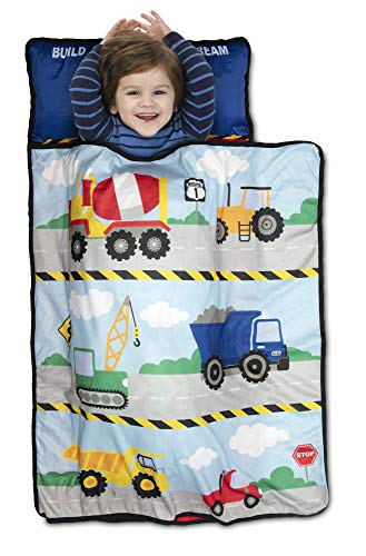 Baby Boom Funhouse Construction Area Trucks Kids Nap Mat Set – Includes Pillow and Fleece Blanket – Great for Boys Napping during Daycare or Preschool - Fits Toddlers, Blue