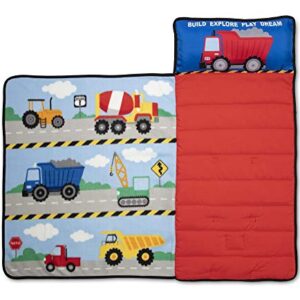 Baby Boom Funhouse Construction Area Trucks Kids Nap Mat Set – Includes Pillow and Fleece Blanket – Great for Boys Napping during Daycare or Preschool - Fits Toddlers, Blue