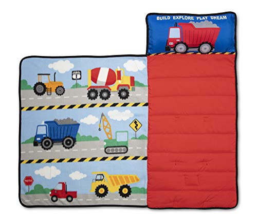 Baby Boom Funhouse Construction Area Trucks Kids Nap Mat Set – Includes Pillow and Fleece Blanket – Great for Boys Napping during Daycare or Preschool - Fits Toddlers, Blue