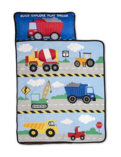 Baby Boom Funhouse Construction Area Trucks Kids Nap Mat Set – Includes Pillow and Fleece Blanket – Great for Boys Napping during Daycare or Preschool - Fits Toddlers, Blue