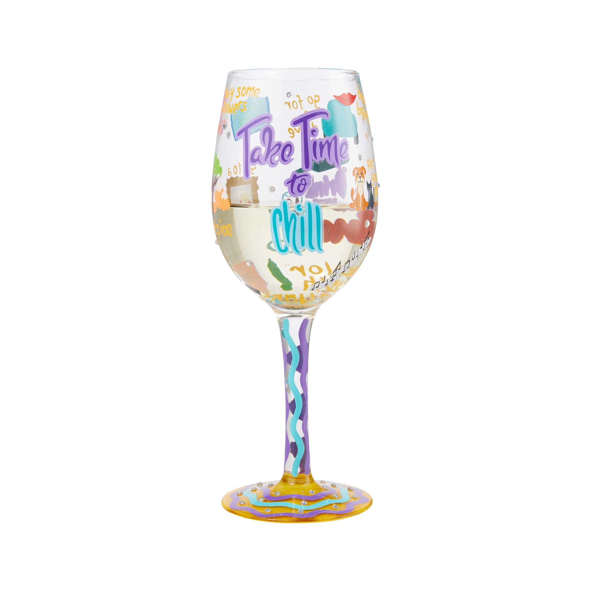 Enesco Designs by Lolita Take Time to Chill Artisan Hand-Painted Wine Glass, 1 Count (Pack of 1), Multicolor