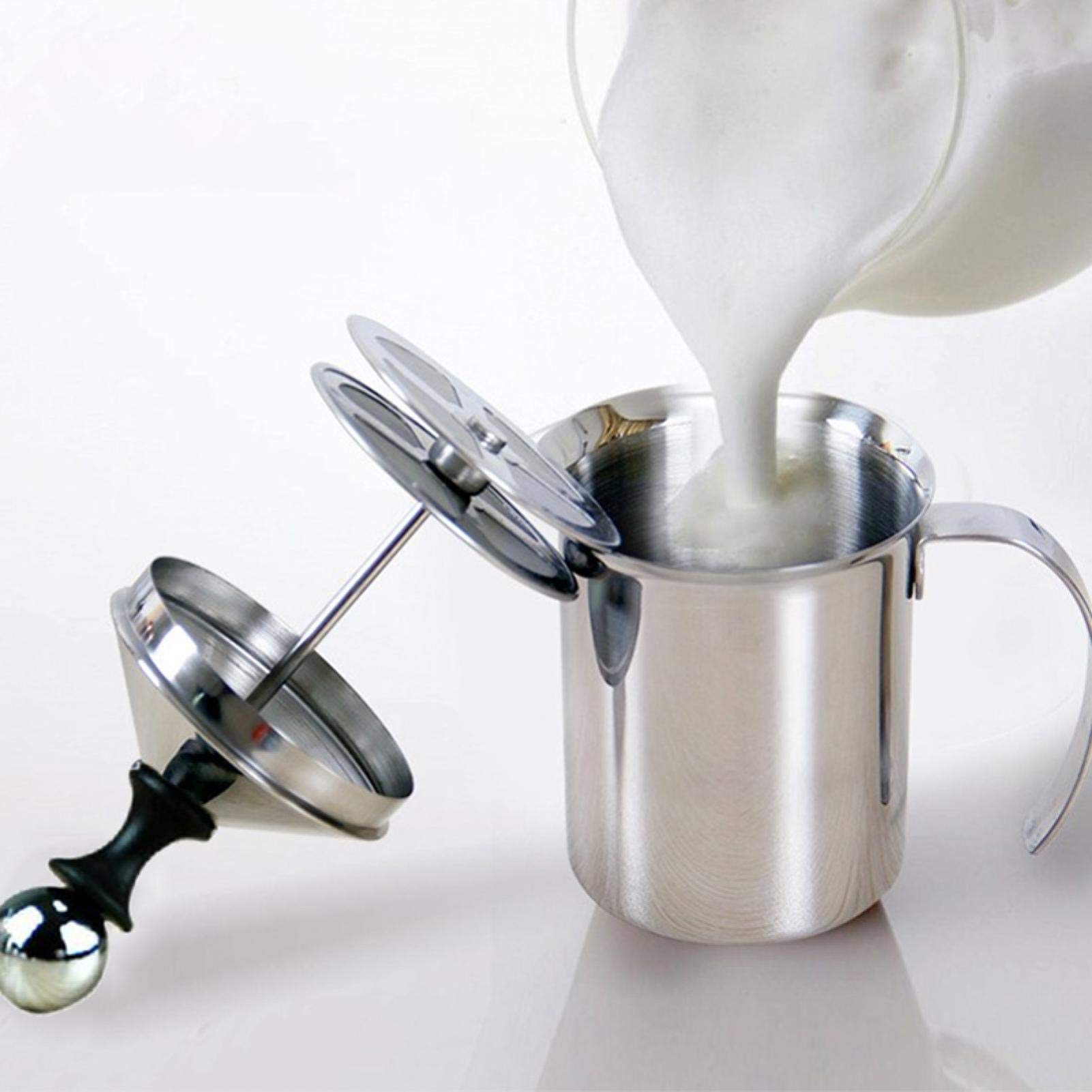 Handheld Milk Frother Pitcher, Stainless Steel Manual Foamer for Milk Coffee Milk Creamer Frother appuccino Coffee Foam Pitcher with Handle and Lid(800ML)