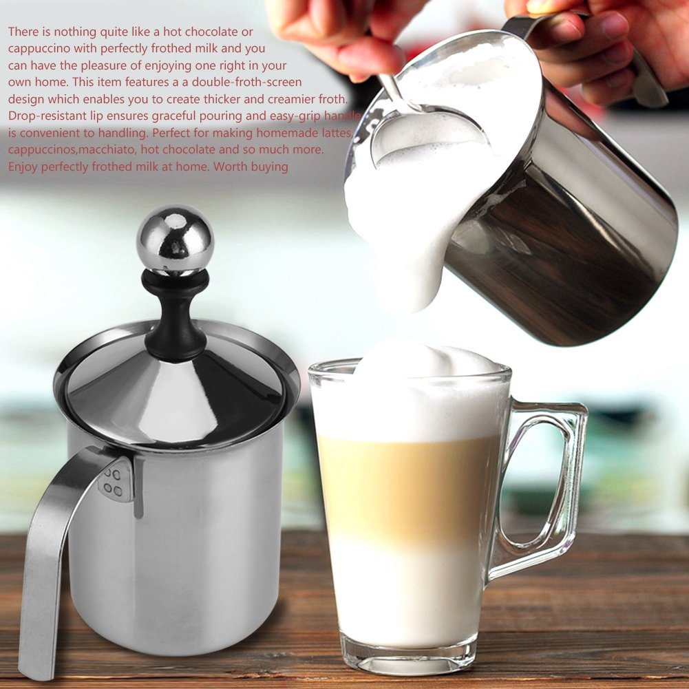 Handheld Milk Frother Pitcher, Stainless Steel Manual Foamer for Milk Coffee Milk Creamer Frother appuccino Coffee Foam Pitcher with Handle and Lid(800ML)