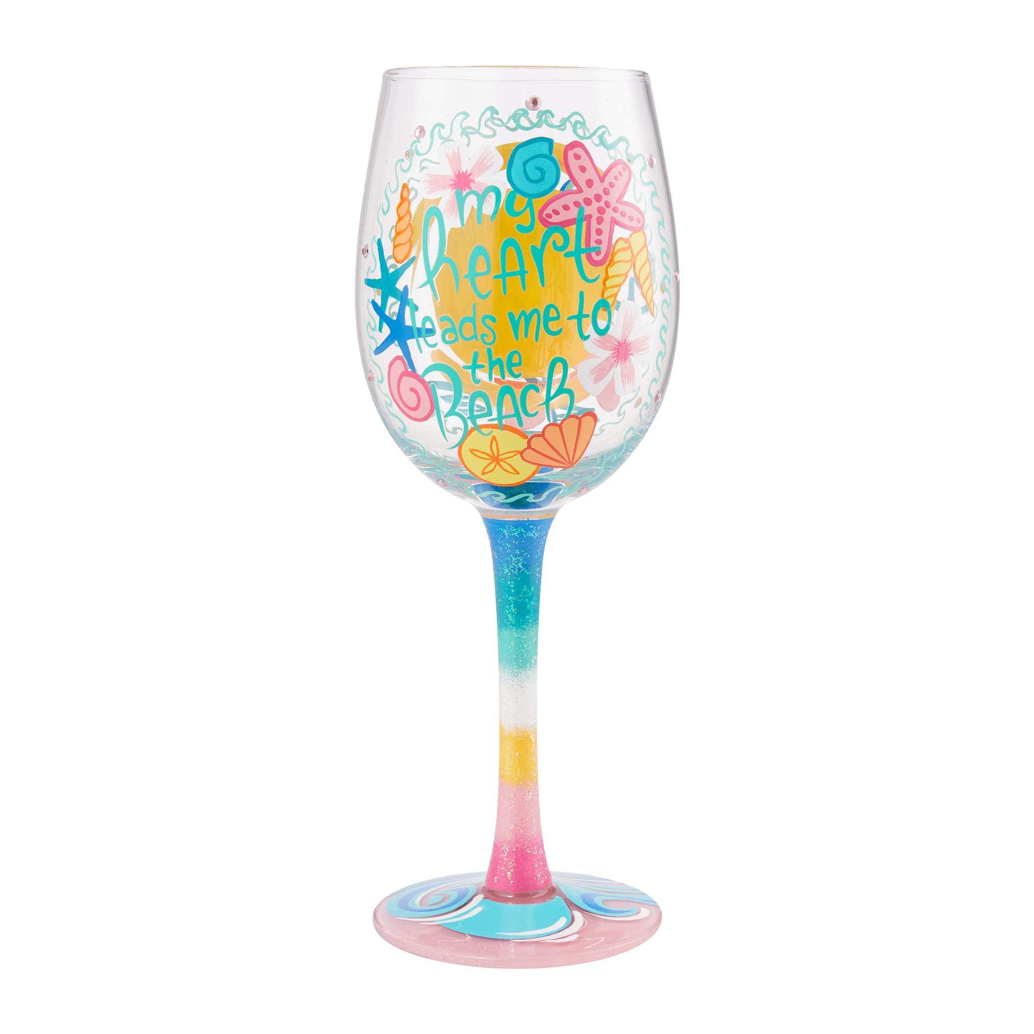 Enesco Designs by Lolita My Heart Leads Me to The Beach Life Artisan Hand-Painted Wine Glass, 1 Count (Pack of 1), Multicolor