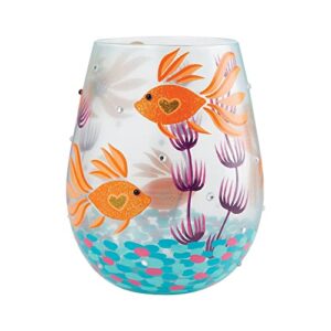 enesco designs by lolita turquoise water and gold fish artisan hand-painted stemless wine glass, 1 count (pack of 1), multicolor