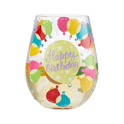 Enesco Designs by Lolita Happy Birthday Balloons Artisan Hand-Painted Stemless Wine Glass, 20 Ounce, Multicolor