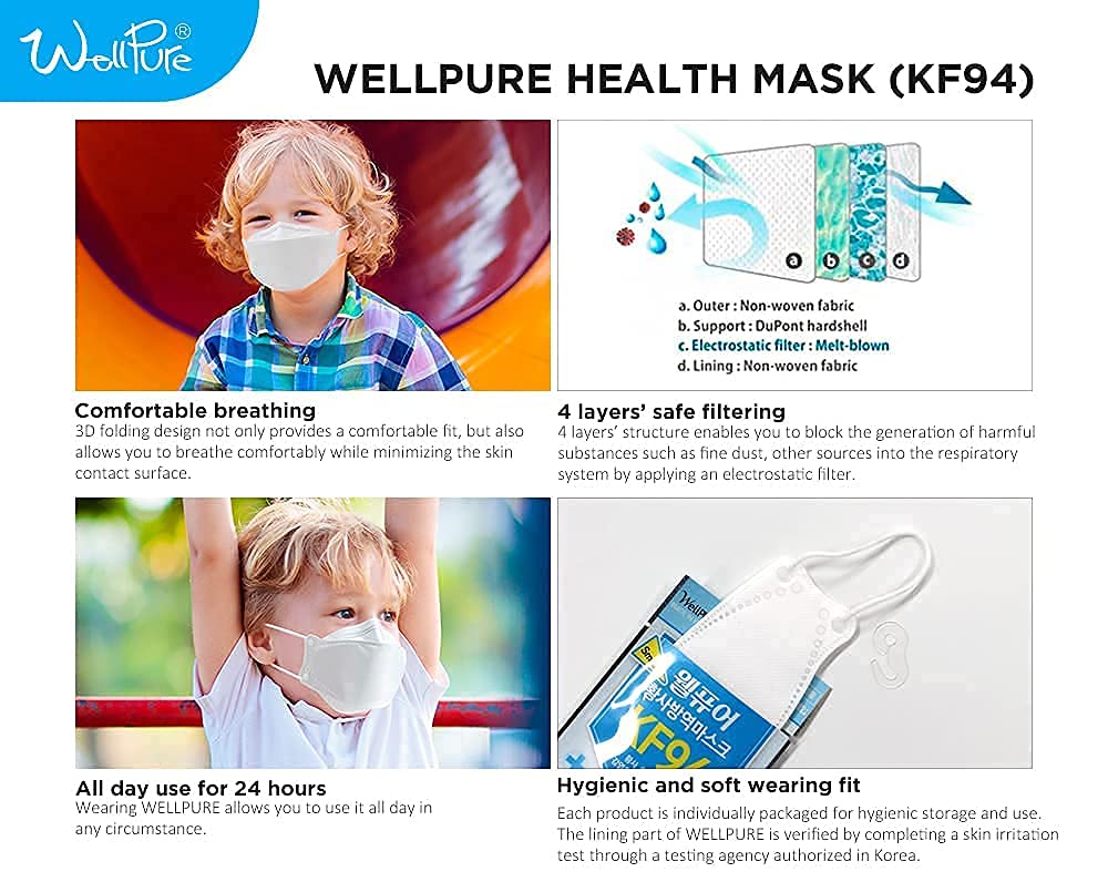 SUMFREE (30 pack) WELLPURE KF94 Kids (Small size), 4 layer protection, 100% Made in Korea, Comfortable breathing, Daily disposable (30)