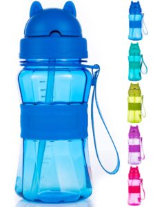 ecteco water bottle for kids toddlers children with straw strap 12oz leak proof bpa free tritan drink bottles for boys girls school students, cute lightweight sturdy anti-skid