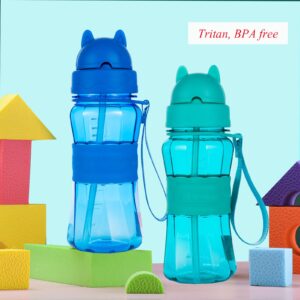 Ecteco Water Bottle for Kids Toddlers Children with Straw Strap 12OZ Leak Proof BPA Free Tritan Drink Bottles for Boys Girls School Students, Cute Lightweight Sturdy Anti-skid