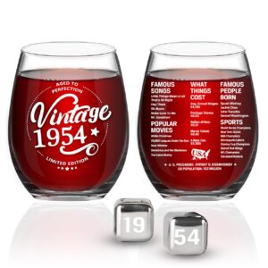 greatingreat 1954 old time information 70th birthday gifts for women men - 1954 vintage 15 oz stemless wine glass - 70 year old birthday party decorations - seventy class reunion ideas