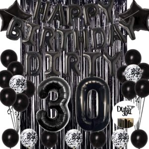 joymemo 30th birthday decorations black - dirty 30 foil balloon & cake toppers, happy birthday banner, black star confetti balloons, foil fringe curtain for men women thirty birthday party supplies
