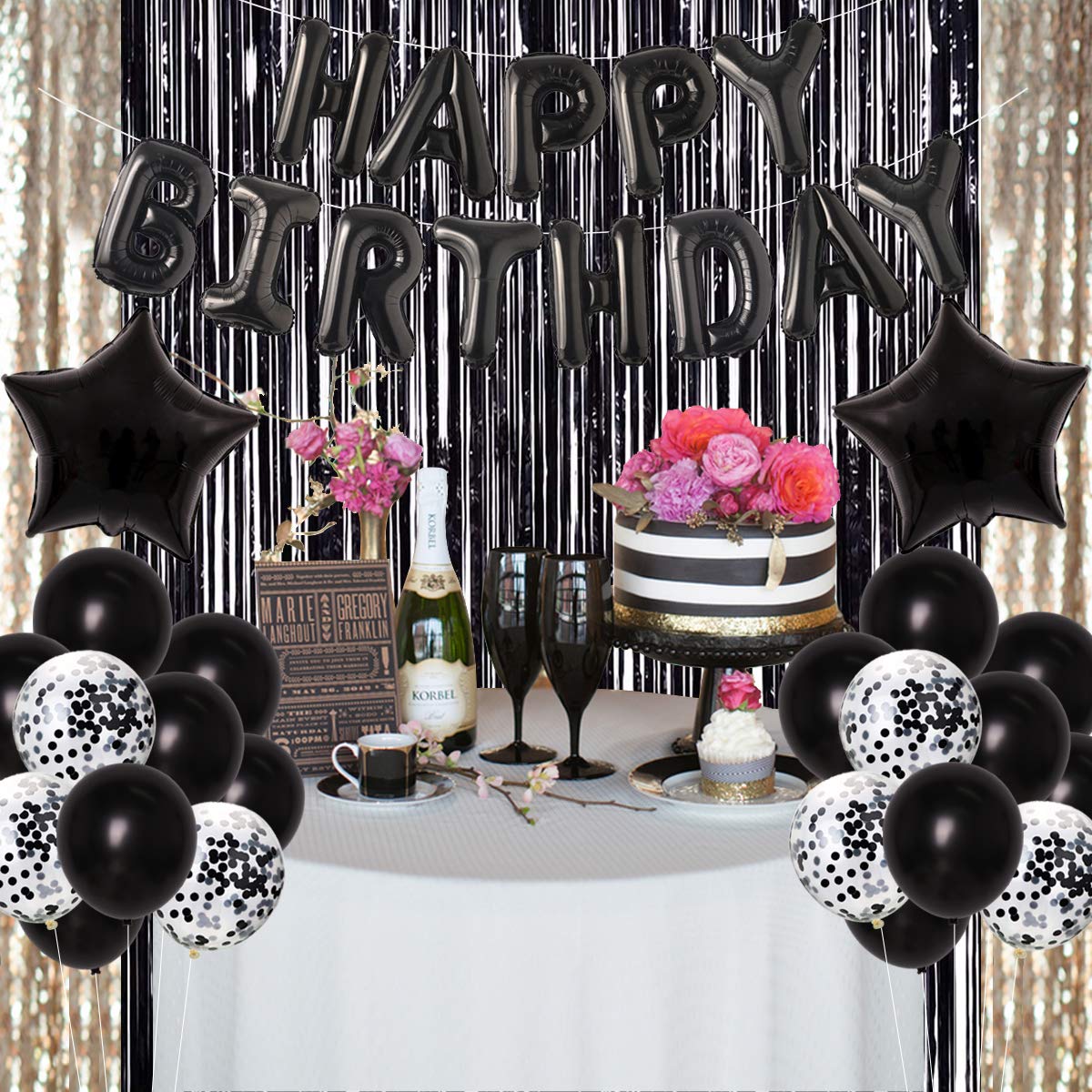 JOYMEMO 30th Birthday Decorations Black - Dirty 30 Foil Balloon & Cake Toppers, Happy Birthday Banner, Black Star Confetti Balloons, Foil Fringe Curtain for Men Women Thirty Birthday Party Supplies