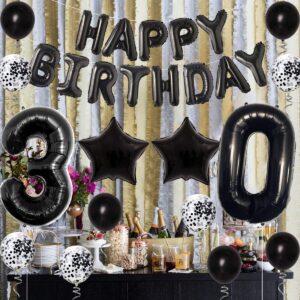 JOYMEMO 30th Birthday Decorations Black - Dirty 30 Foil Balloon & Cake Toppers, Happy Birthday Banner, Black Star Confetti Balloons, Foil Fringe Curtain for Men Women Thirty Birthday Party Supplies