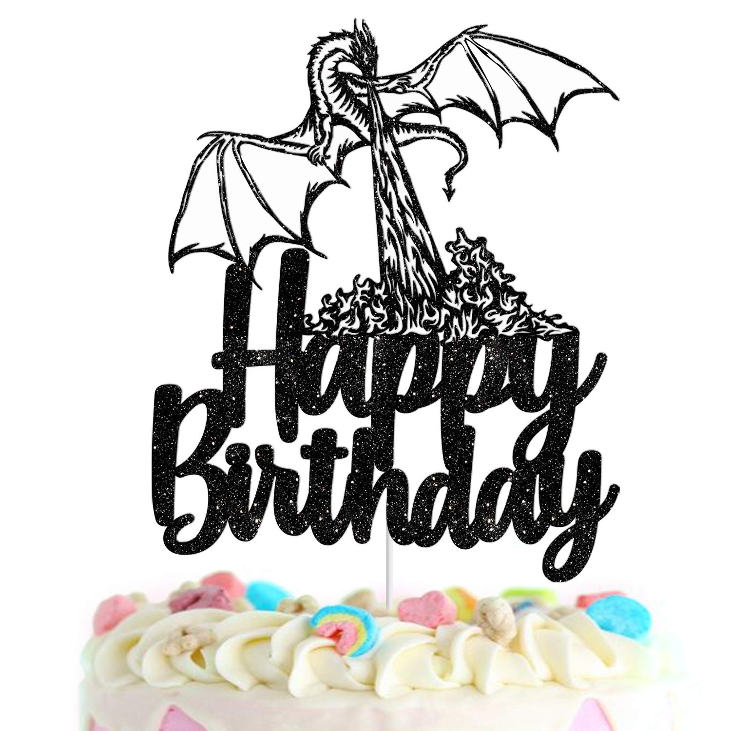 Dragon Happy Birthday Cake Topper - Animated film themed Game Party black Glitter Decoration Supplies