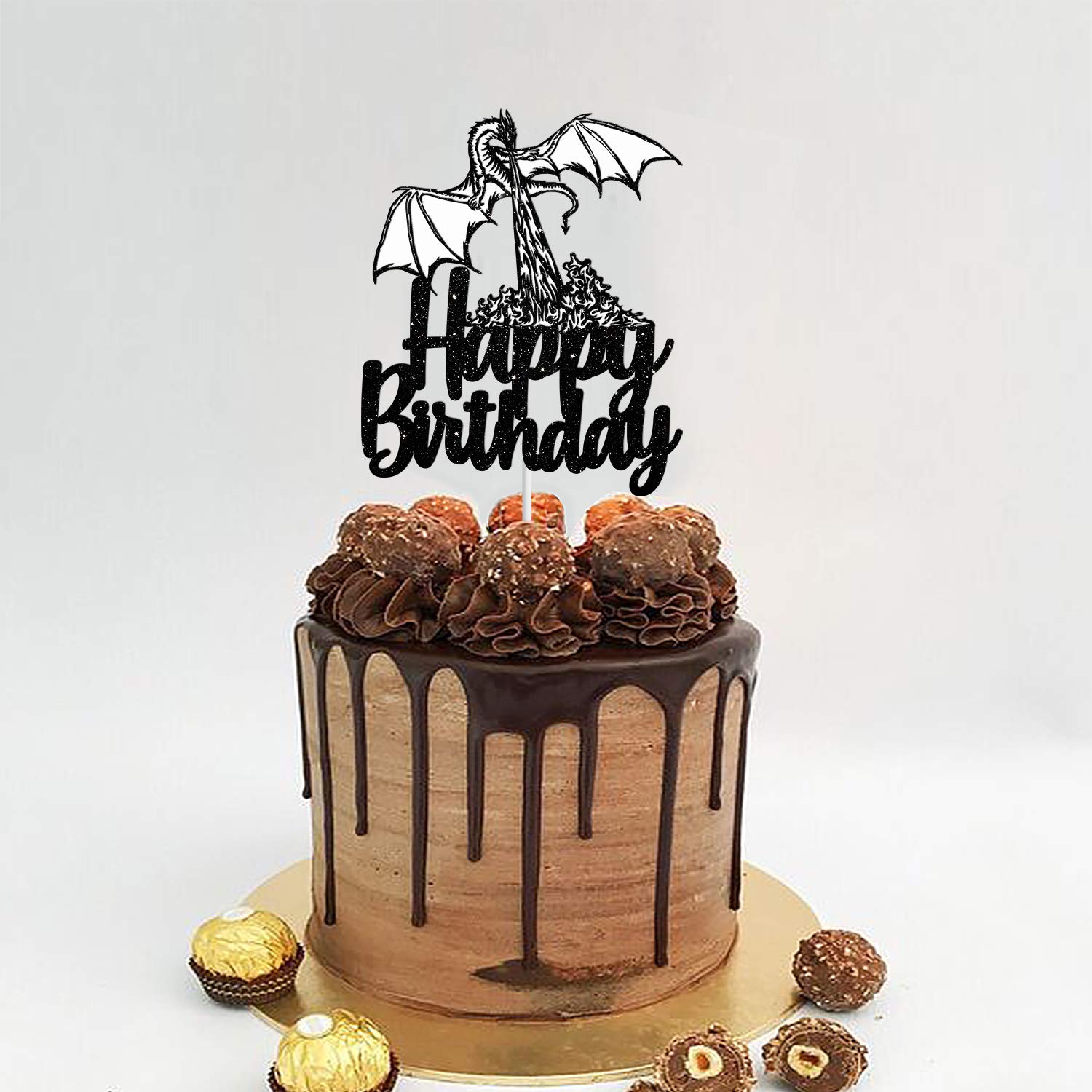 Dragon Happy Birthday Cake Topper - Animated film themed Game Party black Glitter Decoration Supplies
