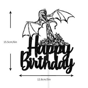 Dragon Happy Birthday Cake Topper - Animated film themed Game Party black Glitter Decoration Supplies