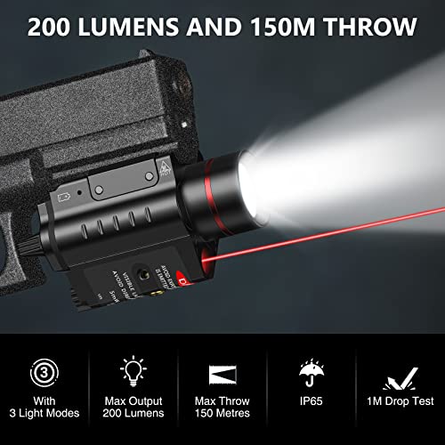 EZshoot Laser Light Combo with Red Beam, Strobe Tactical Flashlight 200 Lumens for Pistol, Picatinny Rail Mount Flashlight for Shotgun w/ 2X CR123A Batteries