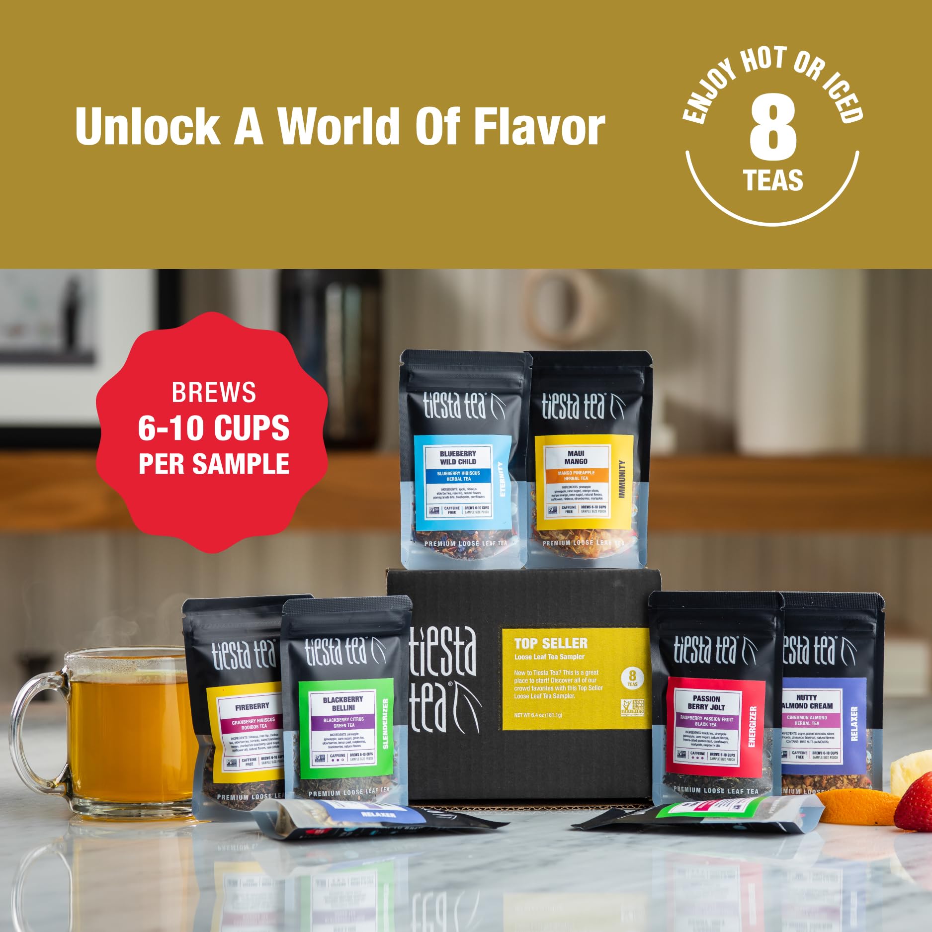 Tiesta Tea Top 8 Favorites Sampler Set, Up to 80 Cups, High to No Caffeine, Hot & Iced Tea, Loose Leaf Tea Variety Pack with Green, Herbal, Black & Chai Tea, 8 Sample Pouches