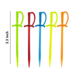 ODDIER 100PCS 3.3 Inch Plastic Sword Toothpicks Picks for Appetizers, Fruit Fork Cocktail Sticks Disposable, Cocktail Sticks and Cocktail Picks for Drinks,Multicolor