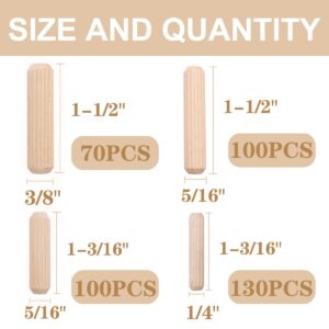 smseace 400PCS Straight Groove Wooden Dowel Pins with Tapered End with Bevel Angle, 1/4 "5/16" 3/8 "(6mm, 8mm, 10mm) Wooden Dowel Pins, Used for Crafts, Furniture, DIY Manual, Etc.MD-4S-400P