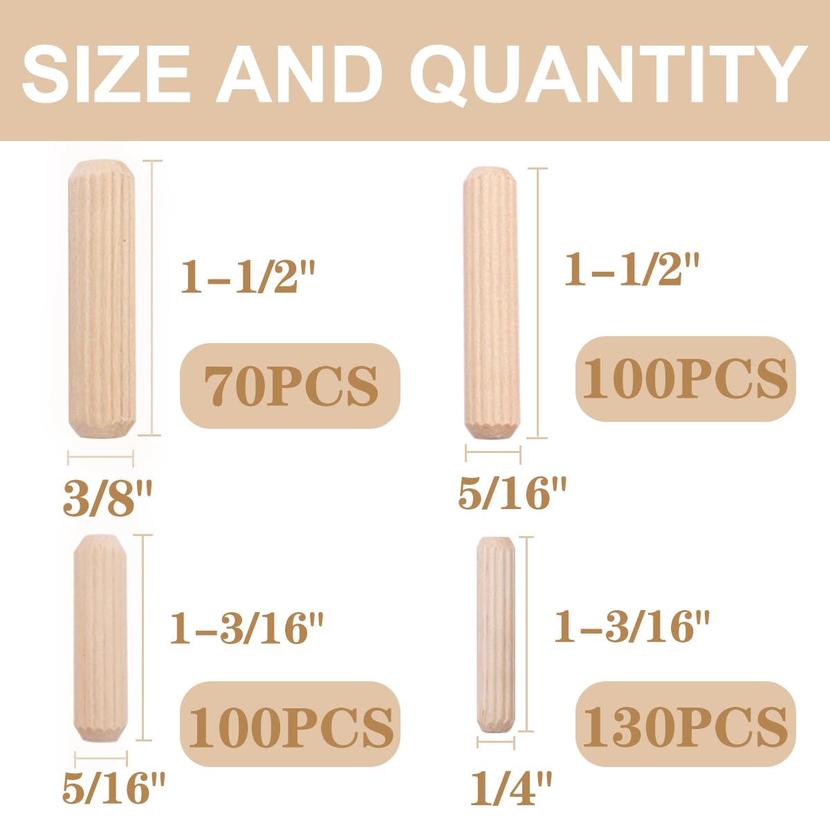 smseace 400PCS Straight Groove Wooden Dowel Pins with Tapered End with Bevel Angle, 1/4 "5/16" 3/8 "(6mm, 8mm, 10mm) Wooden Dowel Pins, Used for Crafts, Furniture, DIY Manual, Etc.MD-4S-400P