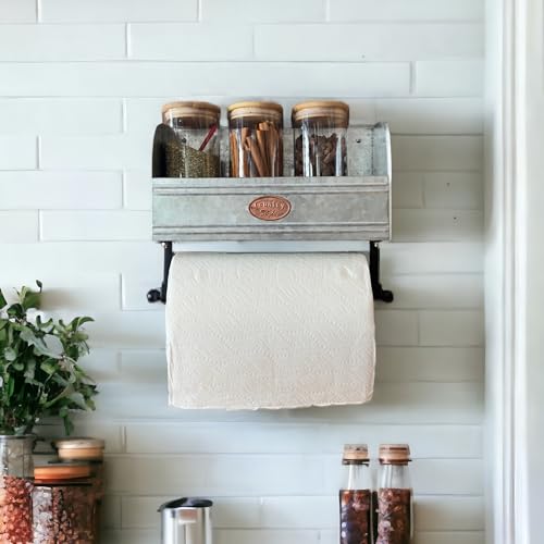 KOTINARA Rustic Paper Towel Holder Wall Mount - Farmhouse Paper Towel Holder with Spice Rack - Galvanized Bathroom Paper Towel Holder - A Farmhouse Kitchen and Bathroom Wall Decor