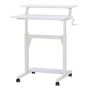 unicoo – crank adjustable height standing desk, 2 tier adjustable sit to stand up desk, mobile standing desk, rolling desk – (white top/white frame) 2t-crank