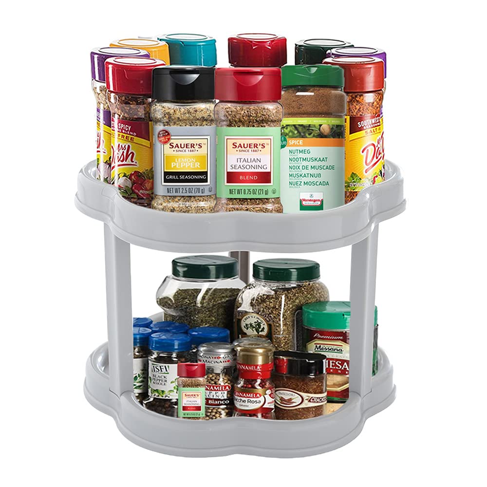 2 Tier Lazy Susan Turntable Spice Organizer Kitchen Tiered Rotating Spice Rack 10 inch Crazy Susan Double Spinning Seasoning Shelf Non-Skid Storage Container for Cabinet Pantry Refrigerator, Gray