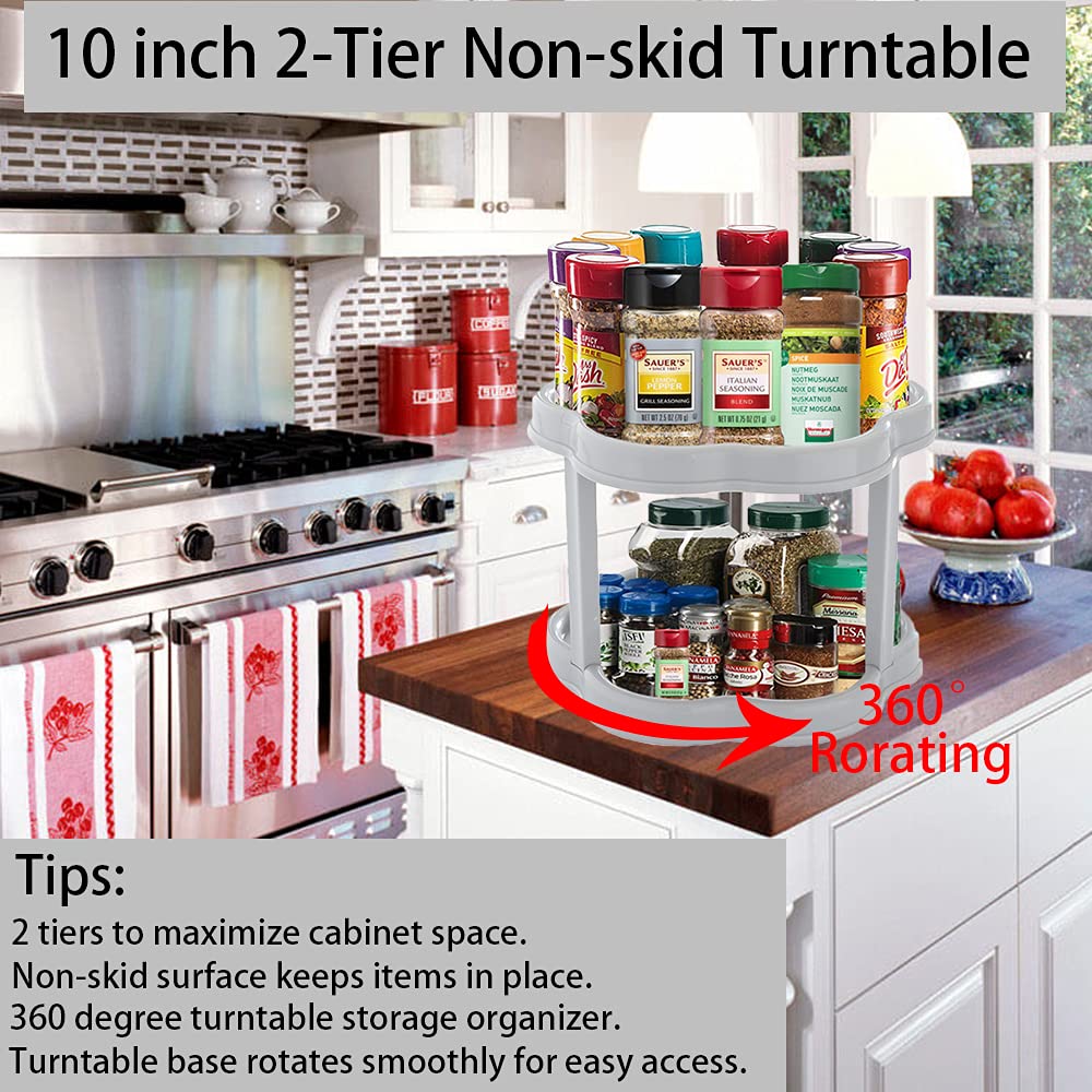 2 Tier Lazy Susan Turntable Spice Organizer Kitchen Tiered Rotating Spice Rack 10 inch Crazy Susan Double Spinning Seasoning Shelf Non-Skid Storage Container for Cabinet Pantry Refrigerator, Gray