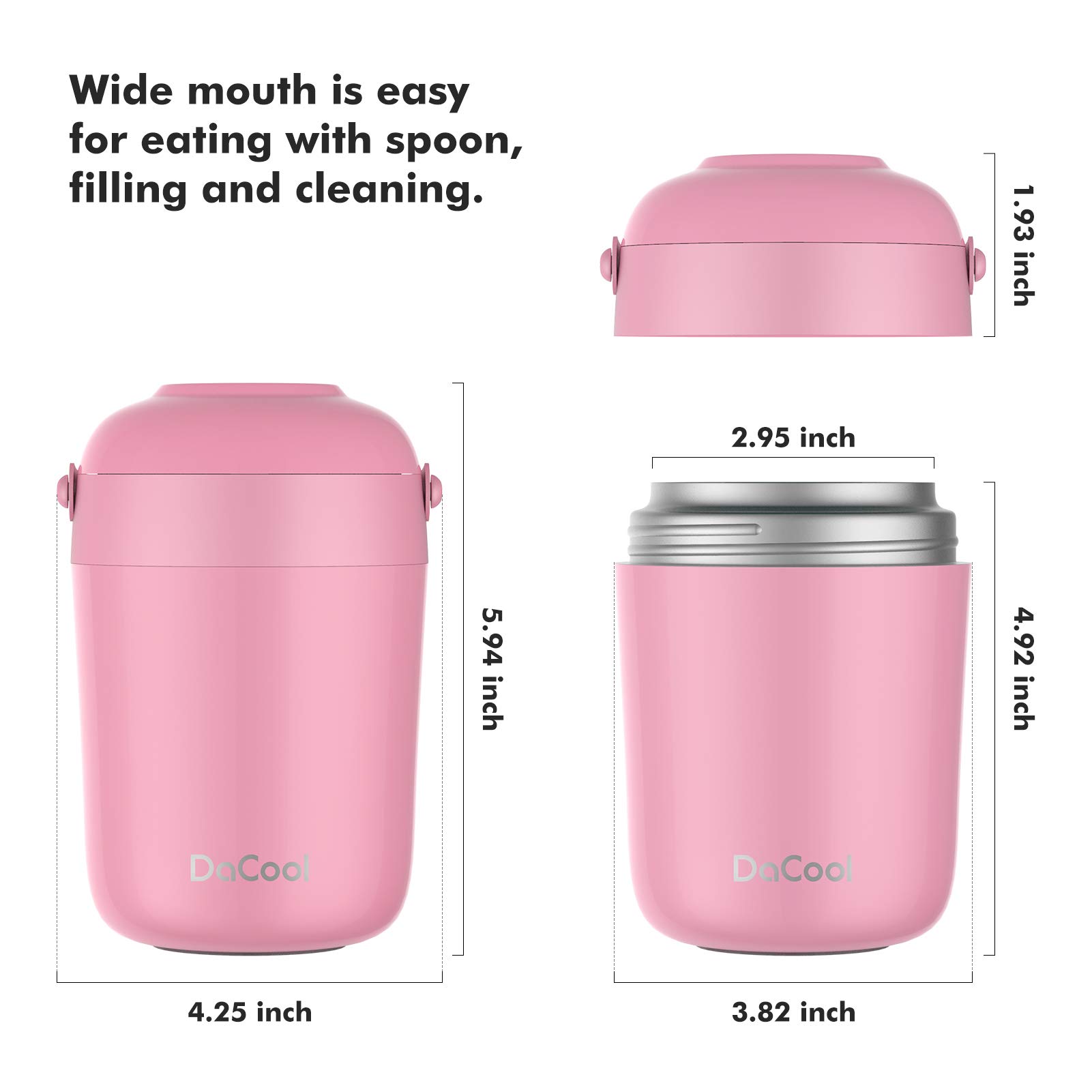 DaCool Food Thermos for Kids With Handle 16 Ounce Insulated Lunch Containers Leakproof Thermos for Food Lunch Soup Vacuum Stainless Steel With Folding Spoon Lunch Box for Kids School Outdoors Pink