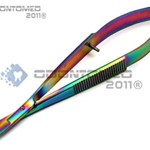 OdontoMed2011 Pack of 2 Pieces 4.5" Embroidery Easy Snips Scissors - EZ Snip Straight & Curved Blades Stainless Steel Multi Color Rainbow