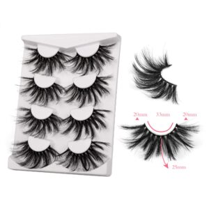 Pleell 25MM Lashes Mink Fluffy Wispy False Eyelashes Pack 3D Dramatic Long Volume Eyelashes 4 Pairs