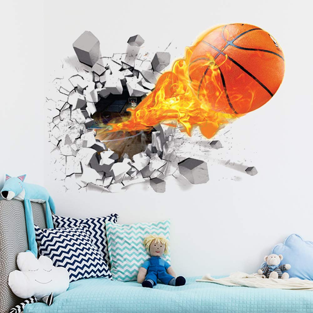 Supzone 3D Basketball Wall Stickers Breakthrough Wall Sticker Self-Adhesive Fireball Wall Decor Vinyl Removable Flying Basketball Wall Art for Kids Wall Stickers for Bedroom Playroom Wall Mural