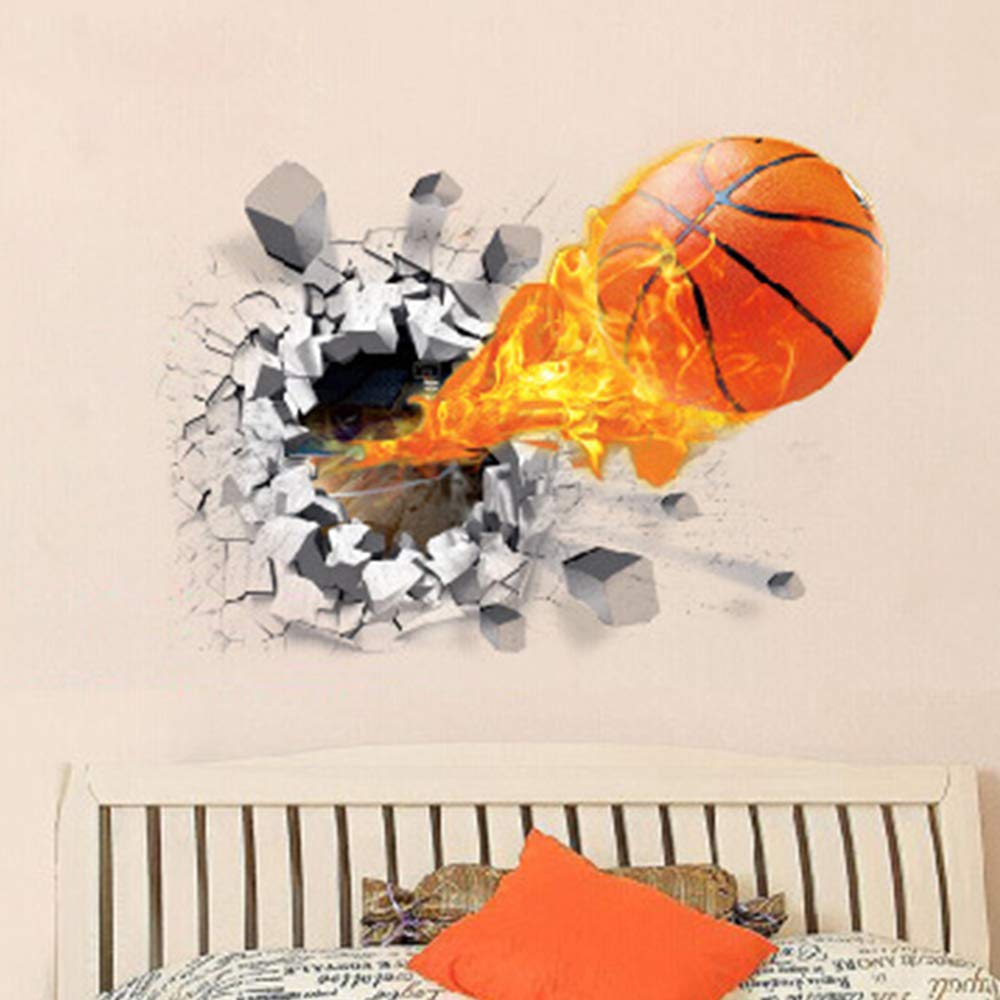 Supzone 3D Basketball Wall Stickers Breakthrough Wall Sticker Self-Adhesive Fireball Wall Decor Vinyl Removable Flying Basketball Wall Art for Kids Wall Stickers for Bedroom Playroom Wall Mural