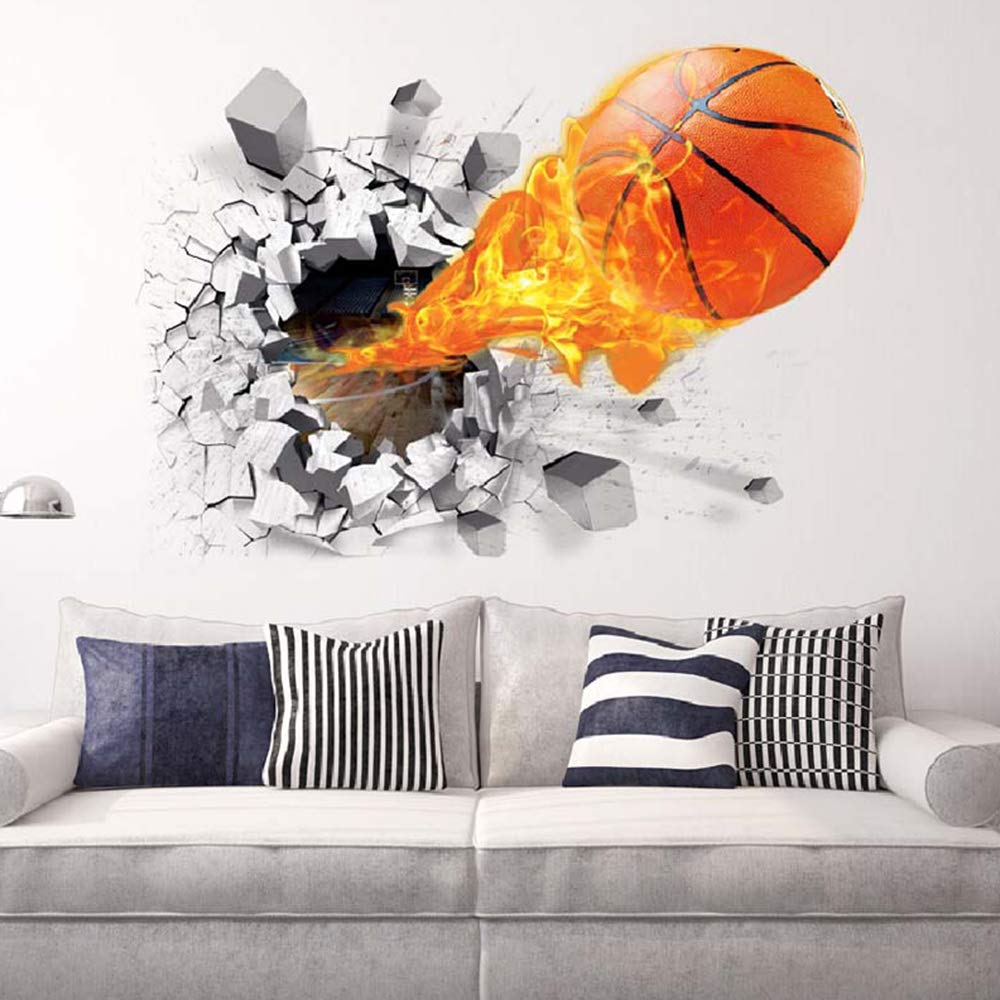 Supzone 3D Basketball Wall Stickers Breakthrough Wall Sticker Self-Adhesive Fireball Wall Decor Vinyl Removable Flying Basketball Wall Art for Kids Wall Stickers for Bedroom Playroom Wall Mural