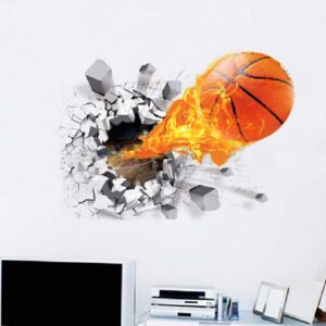 Supzone 3D Basketball Wall Stickers Breakthrough Wall Sticker Self-Adhesive Fireball Wall Decor Vinyl Removable Flying Basketball Wall Art for Kids Wall Stickers for Bedroom Playroom Wall Mural