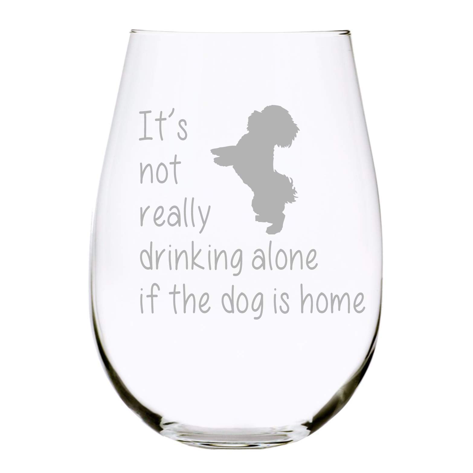 C&M Personal Gifts The Dog is Home stemless Wine Glass, 17 oz.-Lead Free Crystal stemless drinking glass, Perfect Dog Lover Gift for him or her (dog) - Laser Engraved (D2)