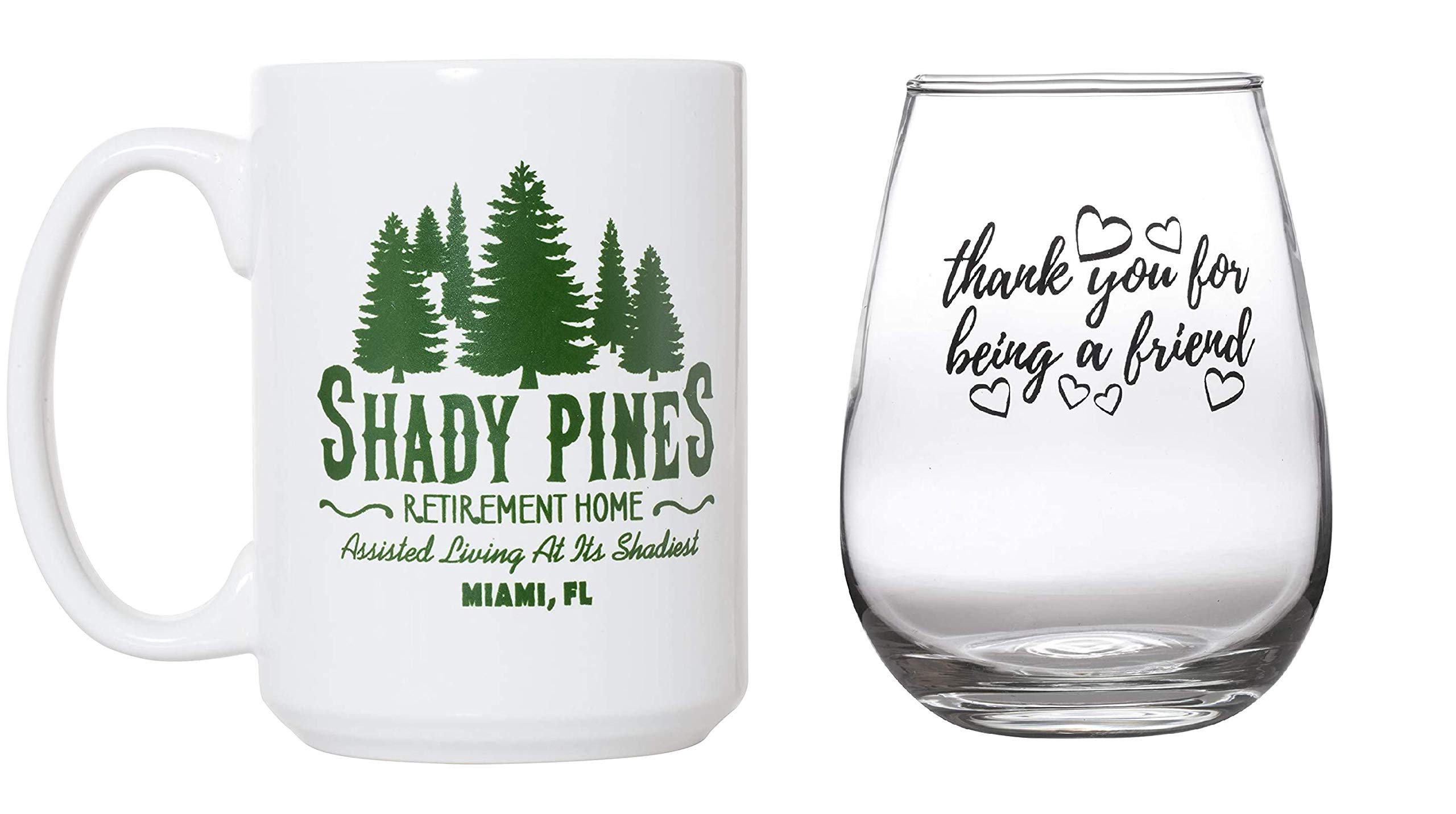 Artisan Owl White Shady Pines Retirement Home 15oz Coffee Mug and Thank You For Being A Friend 17oz Stemless Wine Glass Bundle