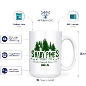 Artisan Owl White Shady Pines Retirement Home 15oz Coffee Mug and Thank You For Being A Friend 17oz Stemless Wine Glass Bundle