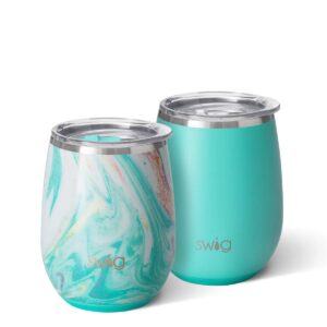 swig life wanderlust + matte aqua wine lovers gift set, includes (2) 14oz stemless wine tumblers, triple insulated, stainless steel, easy to clean, and dishwasher safe