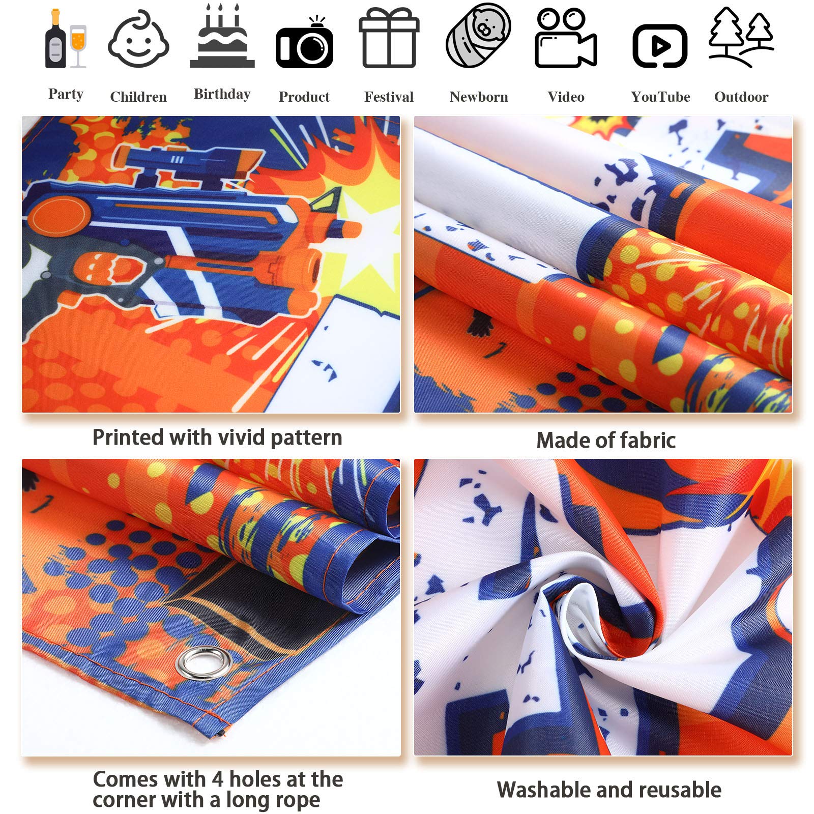 Dart Battle Party Supplies dart battle Happy Birthday Banner Horizontal Fabric Happy Birthday Yard Sign 71 x 16 Inch Blaster Battle Gun Birthday Party Decorations for Kids Boys Birthday Party