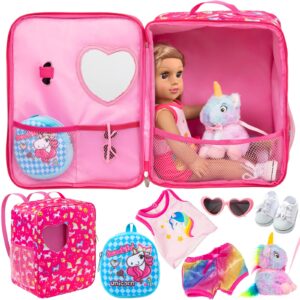 k.t.fancy 7 pcs 18 inch dolls bag carrier set and accessories including 18 inch doll clothes, shoes, sunglasses, doll backpack and toy unicorn (no doll)