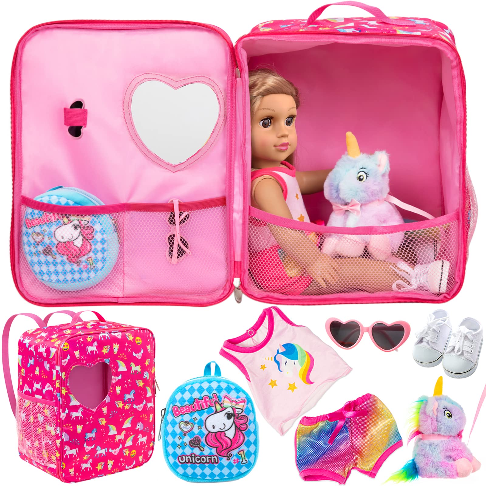 K.T.Fancy 7 PCS 18 inch Dolls Bag Carrier Set and Accessories Including 18 Inch Doll Clothes, Shoes, Sunglasses, Doll Backpack and Toy Unicorn (NO Doll)