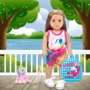 K.T.Fancy 7 PCS 18 inch Dolls Bag Carrier Set and Accessories Including 18 Inch Doll Clothes, Shoes, Sunglasses, Doll Backpack and Toy Unicorn (NO Doll)